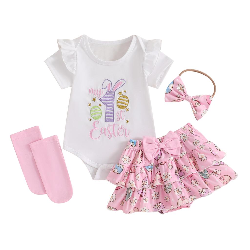 Baby Girls Easter Outfits Letter Embroidery Flying Sleeve Romper + Bunny Print Skirt + Bow Headband + Socks