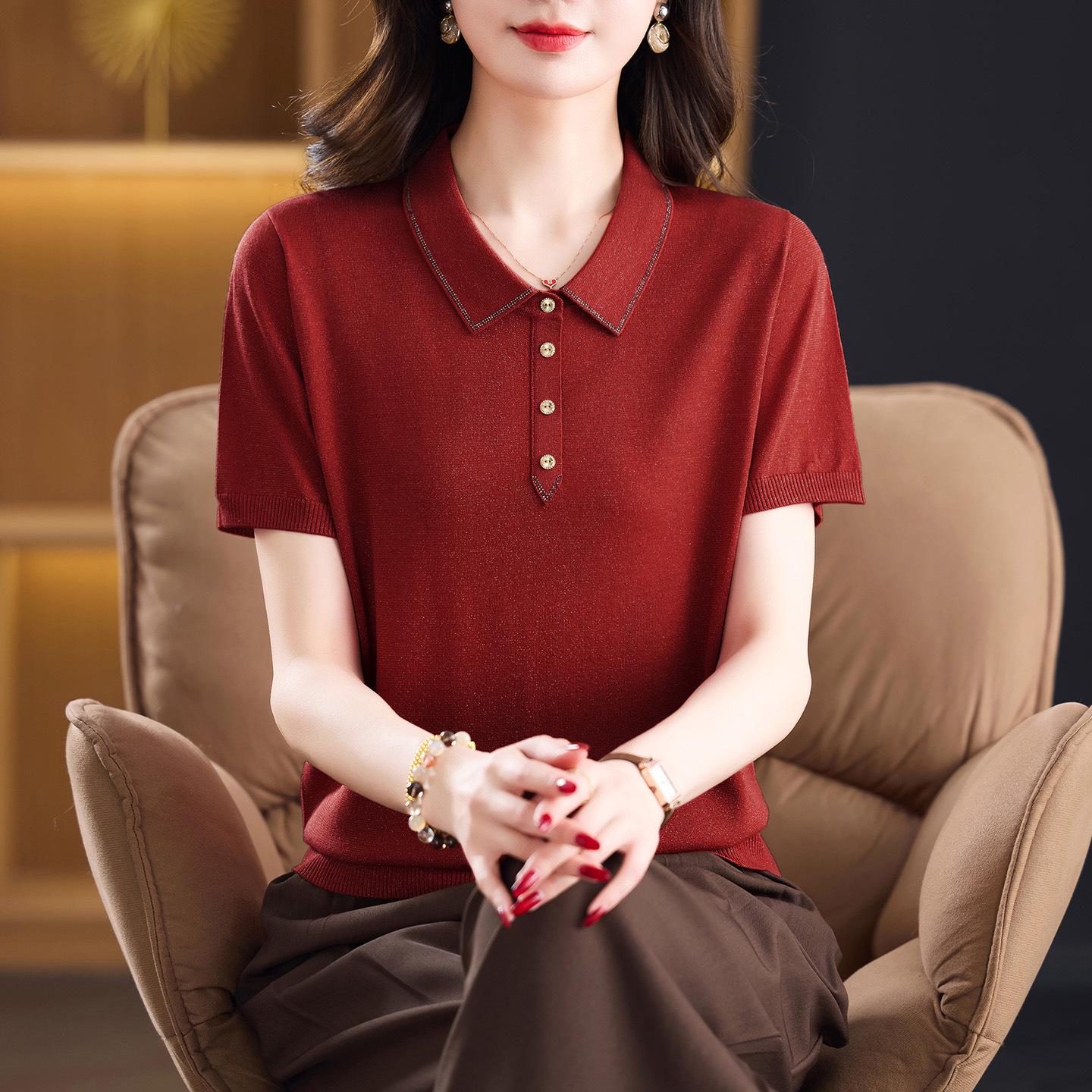 

Chic Knit Short Sleeve Top for Middle-Aged Women - Spring/Summer Fashion 2XL (110-125 jin)