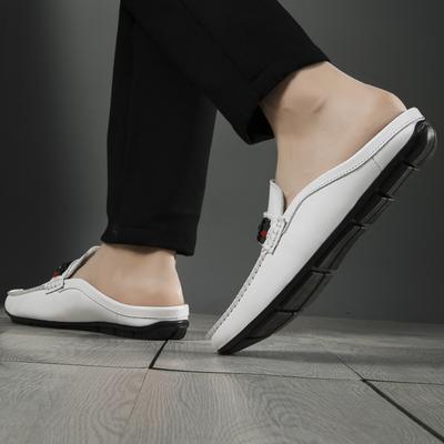 Sapatos Chinelos de Couro Genuíno Premium Cabeça Redonda Meio Arraste Homens Confortáveis para o Dia a Dia Conforto Solado Macio Sapatos de Lazer
