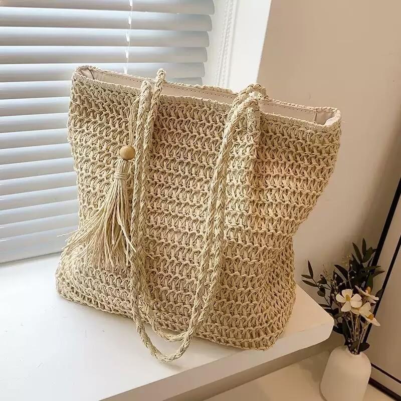 Yogodlns Women Hand Woven Tote Bag Solid Color Large Capacity Square Handbag Straw Shoulder Bag with Tassel Pendant