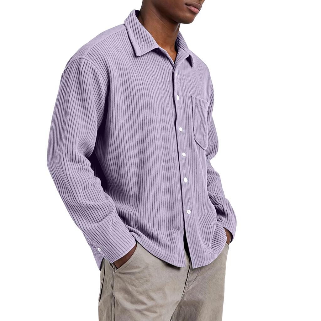 Men’s Long Sleeve Ribbed Button Down Shirt with Single Chest Pocket Relaxed Fit Collared Top for Everyday Wear