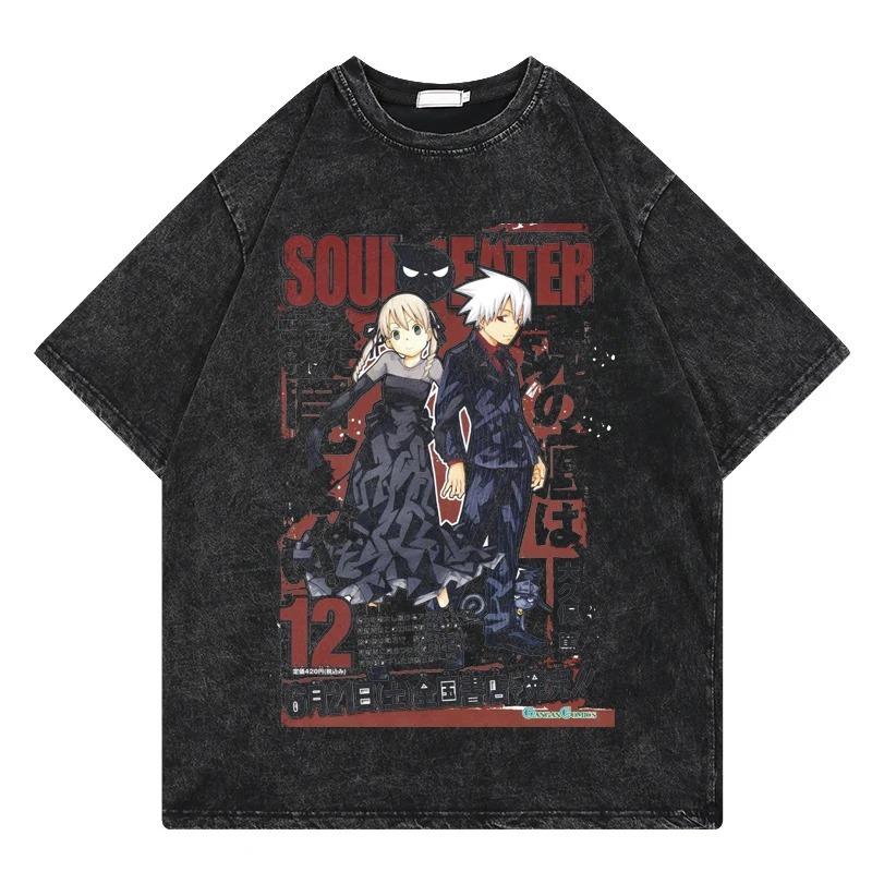 Soul Eater T Shirt Vintage Washed T Shirt Anime Printing Graphic Streetwear Hip Hop Loose Y2k T-Shirt Summer Casual Cotton Tees