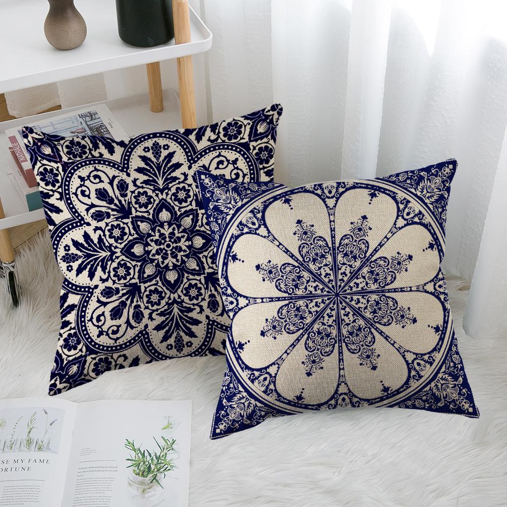 Rich Floral Pillow Covers Navy Blue White Chinoiserie Durable Bohemian Decor For Living Room, Bedroom Cushion Cases