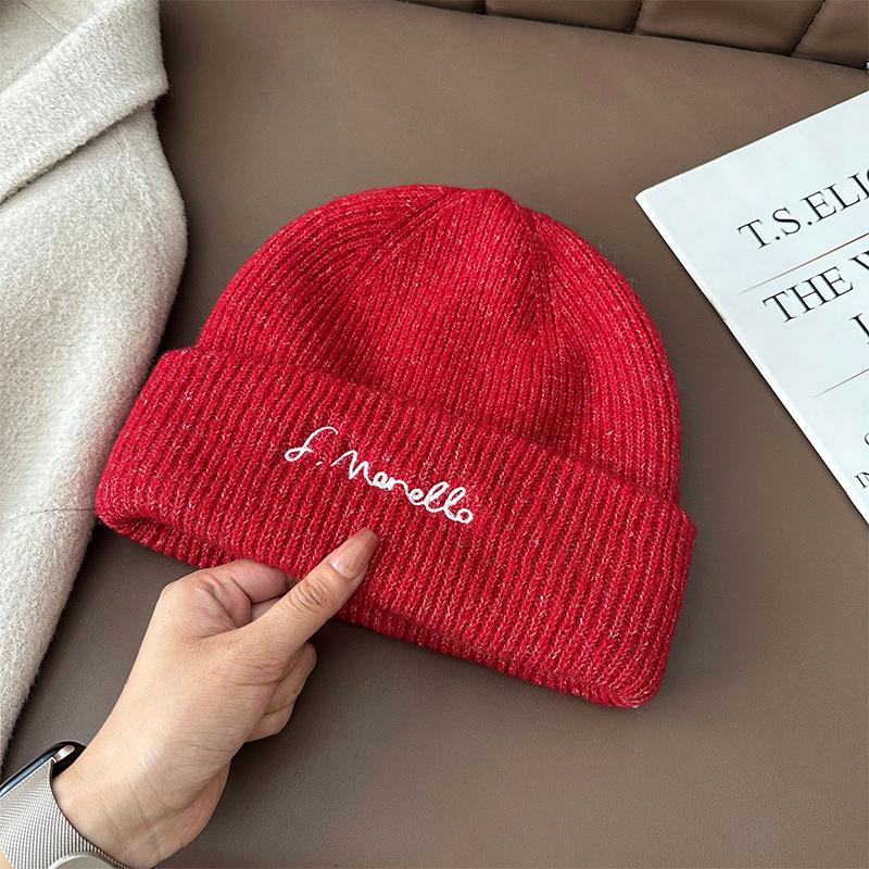 Letter Embroidered Wool Knitted Hat, Casual, Versatile, Thermal and Ear - Protecting, Suitable for Big Head Circumference