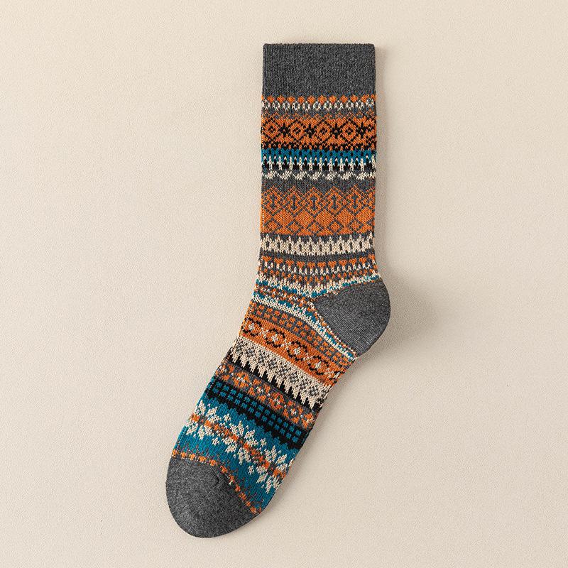 Men's Double Needle Ethnic Mid-Calf Socks - Warm American Retro Kaki for Autumn/Winter