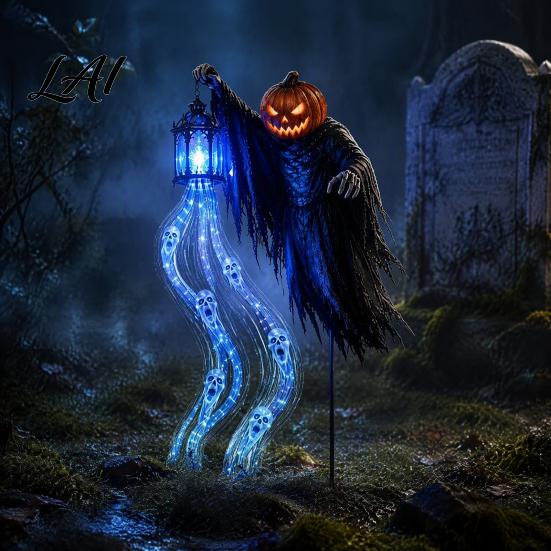 Spooky Yard Scene Accessories Halloween Soul Harvester Solar Garden Stake Light Animated Ghost Lantern with LED Skeleton Pathway Stakes Flowing Eyes,