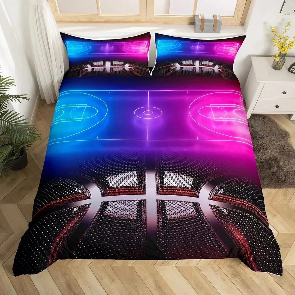 Boys Basketball Duvet Cover Set Black 3D Ball Sports Bedding Set For Boys Men Basketball Court Competitive Games Comforter Cover
