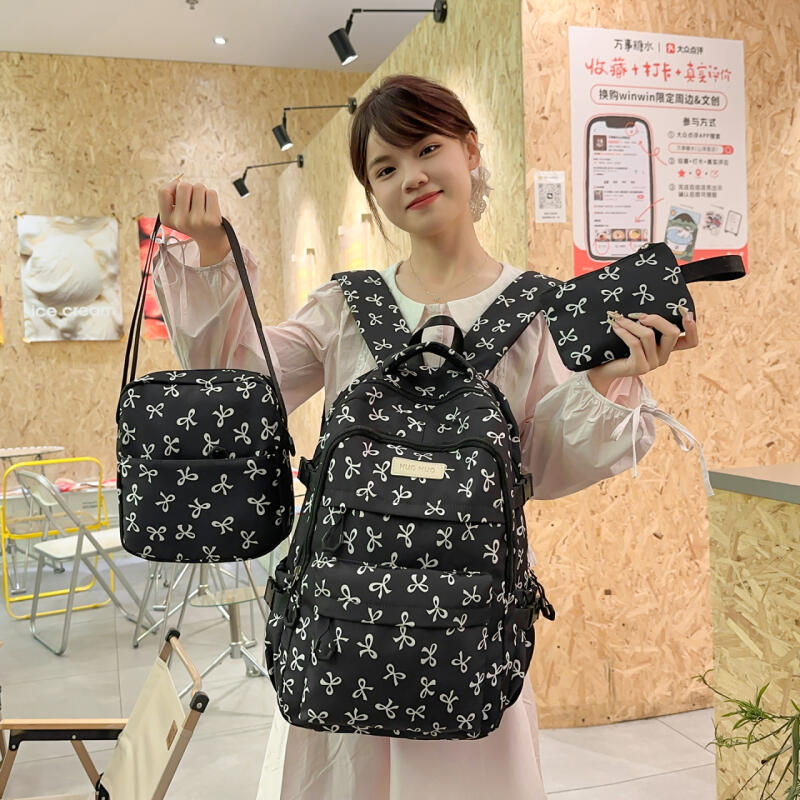 Three-piece Backpack Set Women's School Bag Bow Backpack Large Capacity Lightweight Backpack