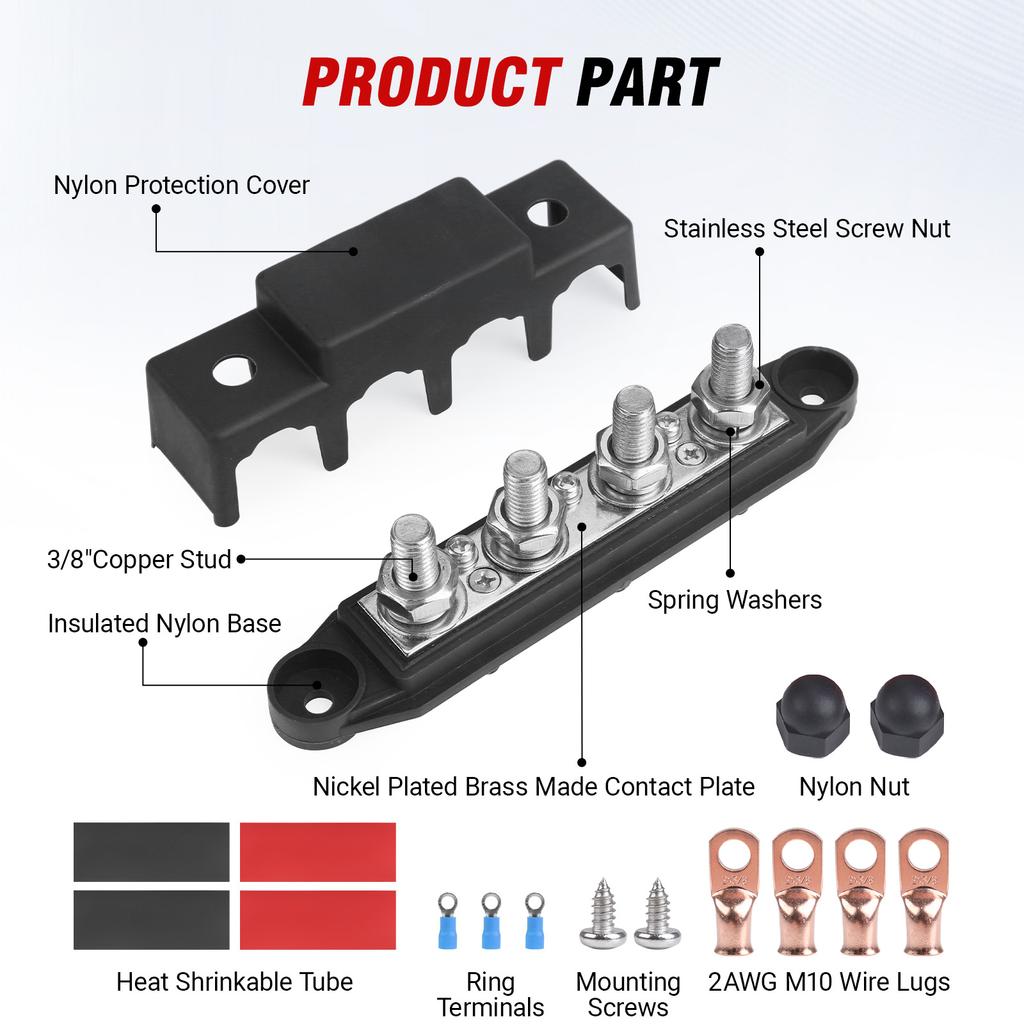 Bus Bar 12V-48V 250A Power Distribution Block 4 Posts Junction M8 M10 For Marine Automotive Copper Battery Busbar Terminal Block