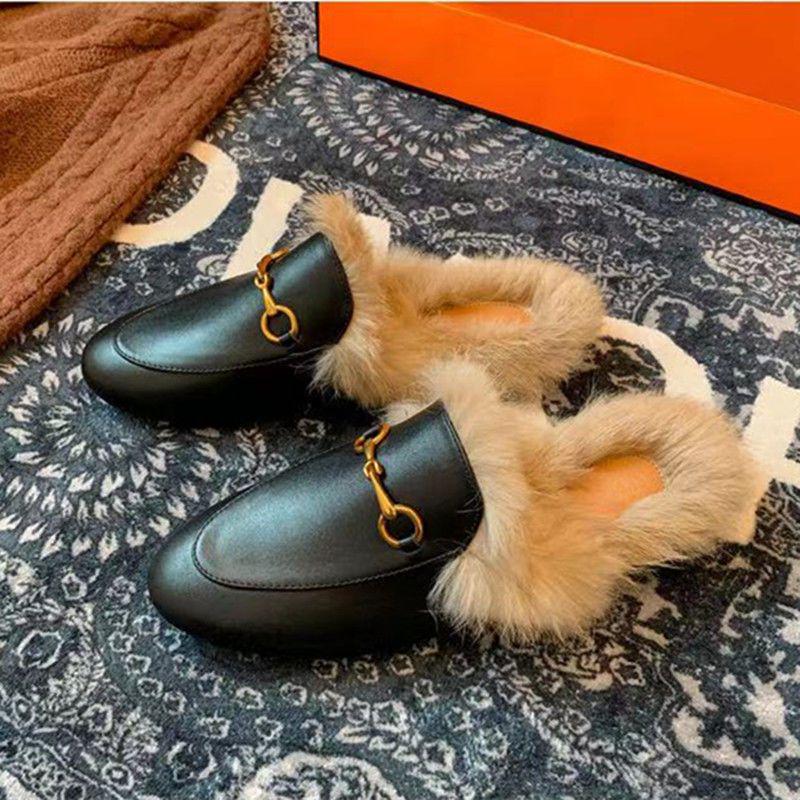 2025 Women's Genuine Leather Furry Half-Slippers with Horsebit Strap - Warm Autumn/Winter Shoes
