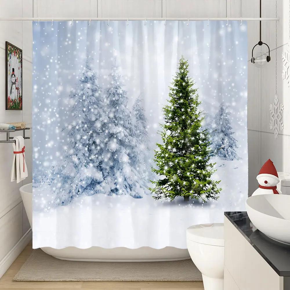 Winter Christmas Shower Curtain Xmas Reindeer Nature Forest Snowy Scenery Farmhouse Bath Curtain Polyester Fabric Bathroom Decor
