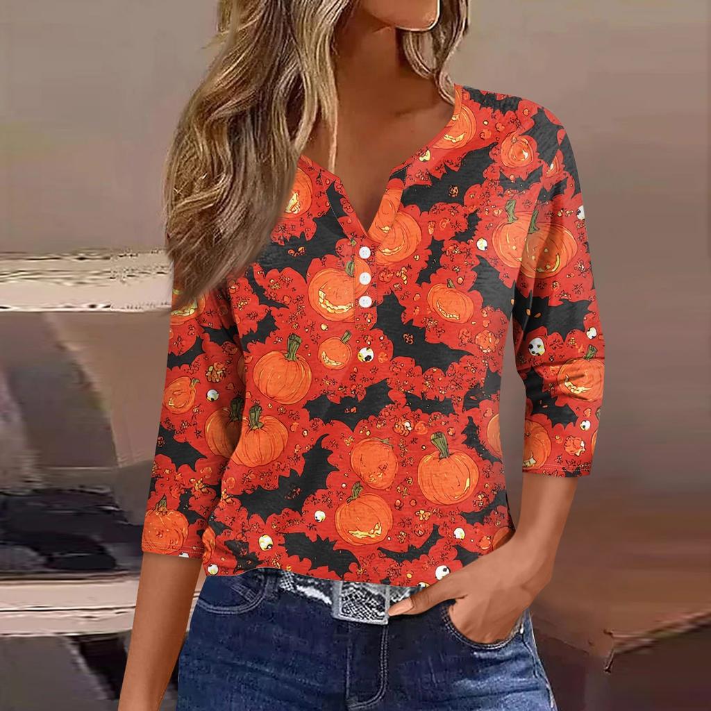 Women's V-Neck Button Halloween Three-quarter Sleeve T-Shirt Top
