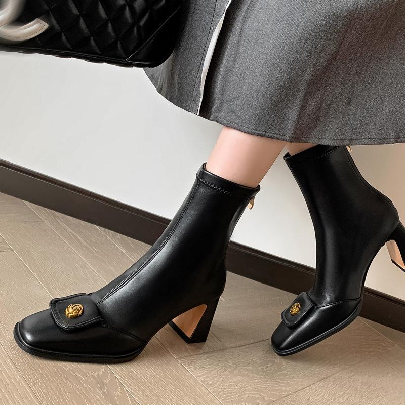 French Heeled Booties Vintage Square Toe Camellia Skinny Boots Women's Single Boots