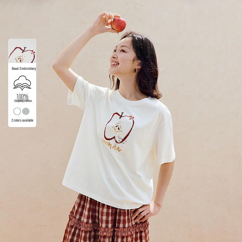 

INMAN Women s 100% Xinjiang Cotton 3D Fruit Embroidered Short Sleeve T-shirt L