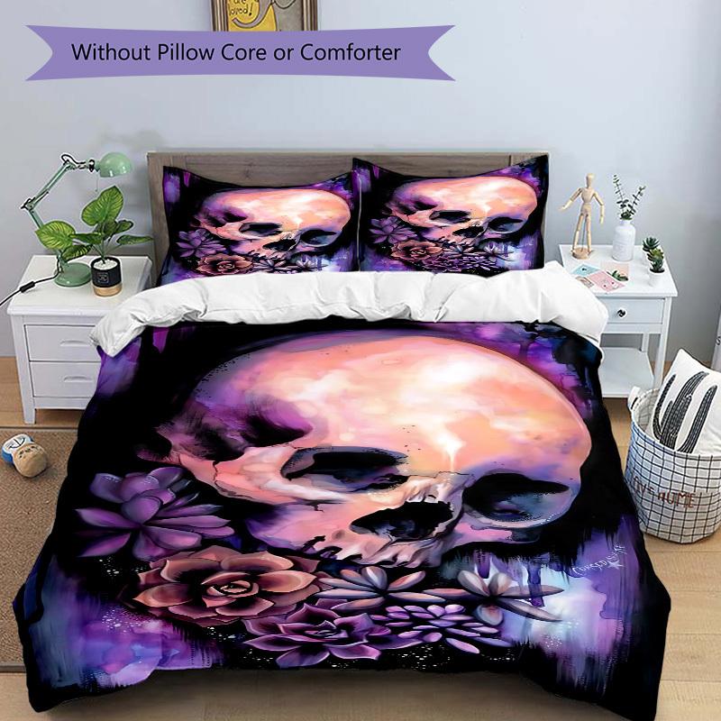 3pcs Skull Flowers Duvet Cover Set, Cover For Bedroom Guest Room (1 Duvet Cover + 2 Pillowcase, Without Quilt),  yy250922193