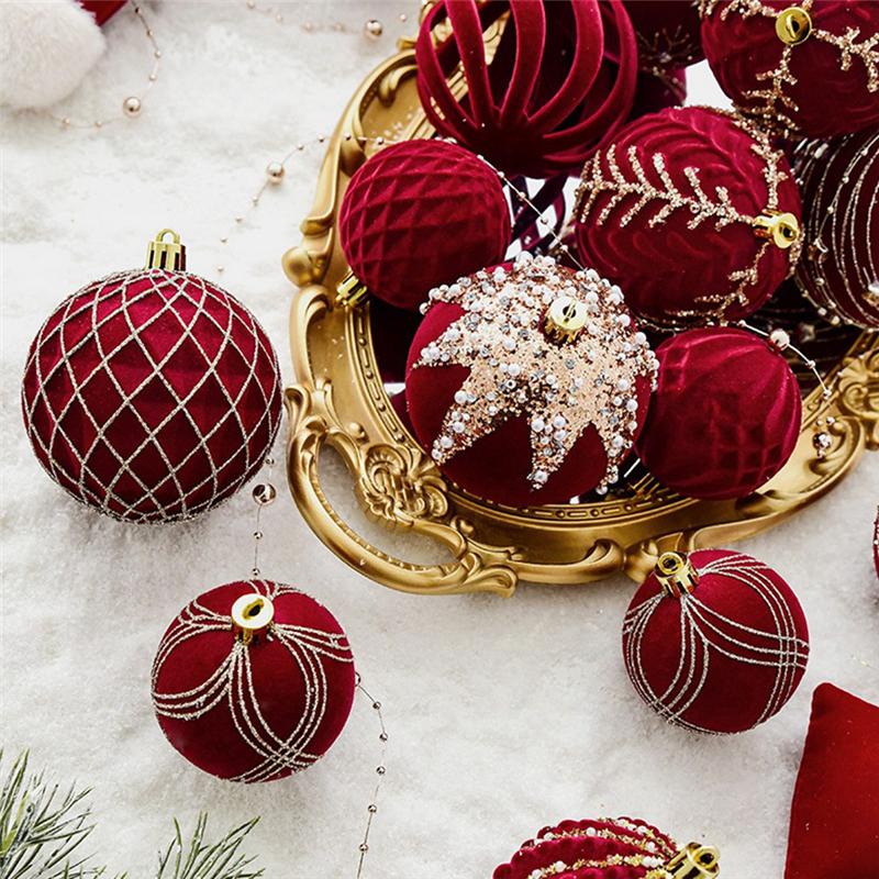 M-Modern-Christmas Balls Ornaments Wine Red Flocking Christmas Tree Decoration New Year Christmas Spheres