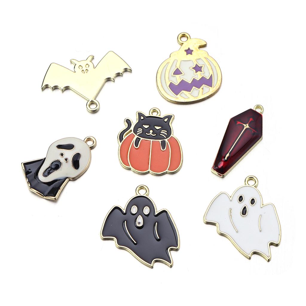 10pcs Halloween Charms Creepy Alloy Enamel Ghost Skull Pumpkin Bat Charms Pendants For DIY Jewelry Making Necklace Accessories