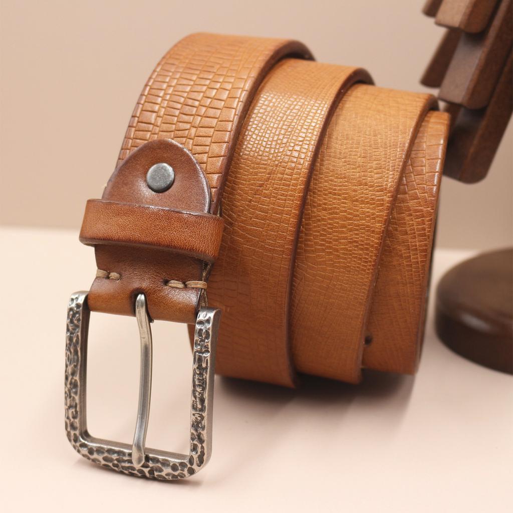 3.8CM Men's Belt Genuine Leather Belt Casual Retro Burst Needle Buckle Shiny Front Layer Cowhide Lazy Belt