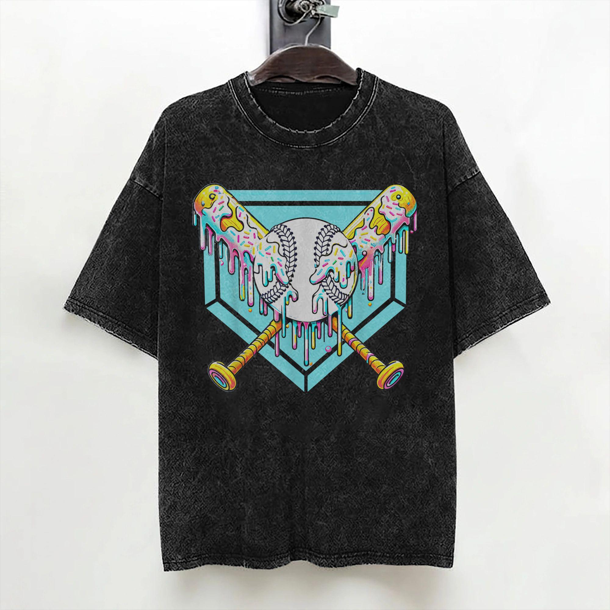 Baseball Bat Ice Cream Watercolor T Shirt Washed Cotton High Street TShirt  Vintage Men Women Streetwear Summer Tops Tees S