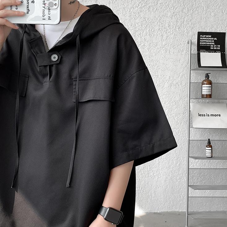T-shirt con Cappuccio Estiva 2 Colori Uomo Coreana Manica Corta Pullover Streetwear T-shirt Larga Top Coulisse Abbigliamento Uomo