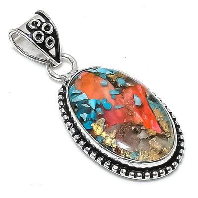 Natural Spiny Oyster Gemstone Handmade 925 Sterling Silver Pendant 2.05" B1R55