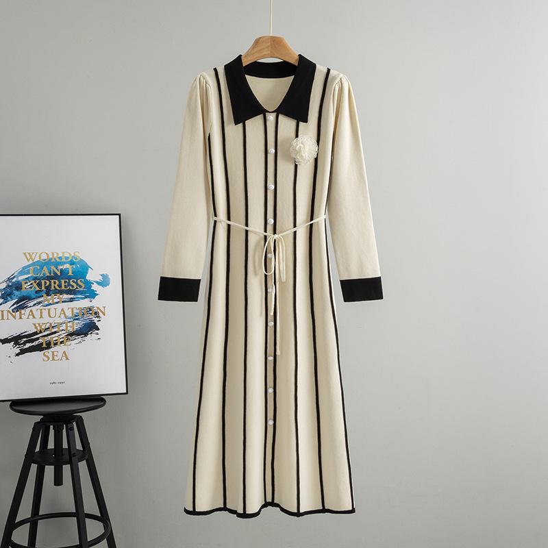 

Женское вязаное платье-поло в стиле пэчворк, А-силуэта, с длинным рукавом, подчеркивающее талию, элегантное для весны и осени One Size абрикосовый