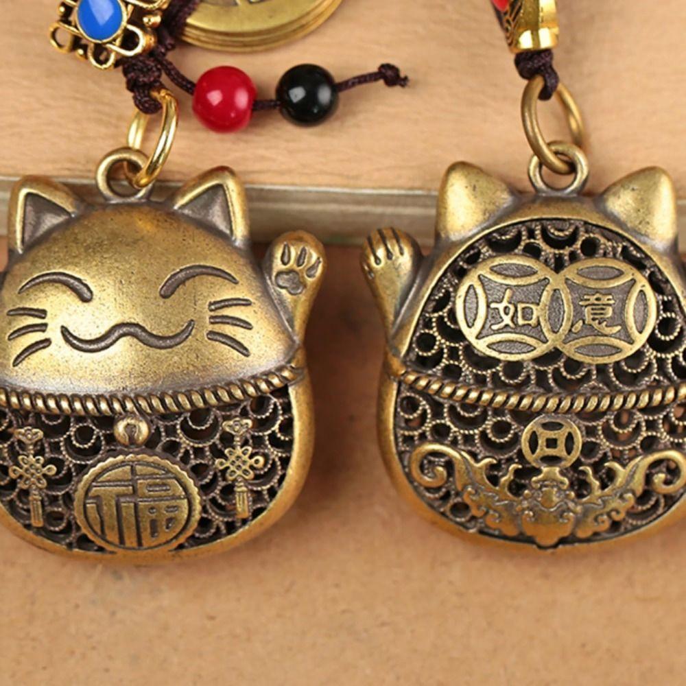 Lucky Cat Brass Keychain Maneki Neko Feng Shui Coins Car Keyring Lucky Tassel with Five Emperors Money Waist Keychain Gift