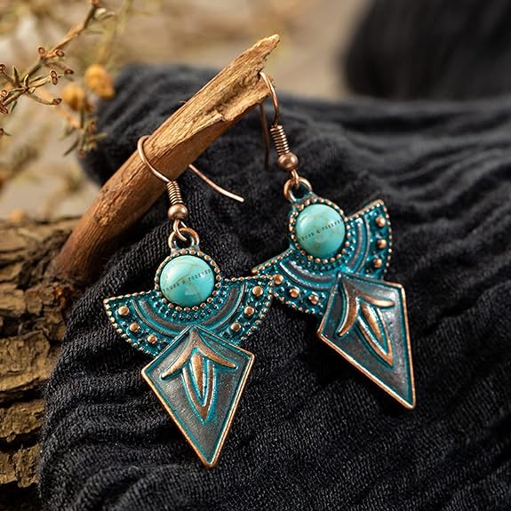 Valentinstagsgeschenk, oxidiertes Silber, schwarzes Metall, Messing und türkisfarbener Magnesitstein, hängende Traumfänger-Ohrringe für Frauen/Mädchen (blau)