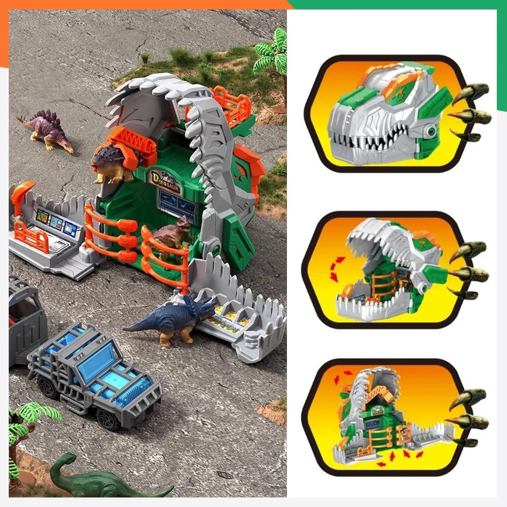 Jurassic Dinosaurs Park Playset Transformer Dino Base Educational Toy with Dinosaur Model Figurines Truck Tree Cage Gift for Boy