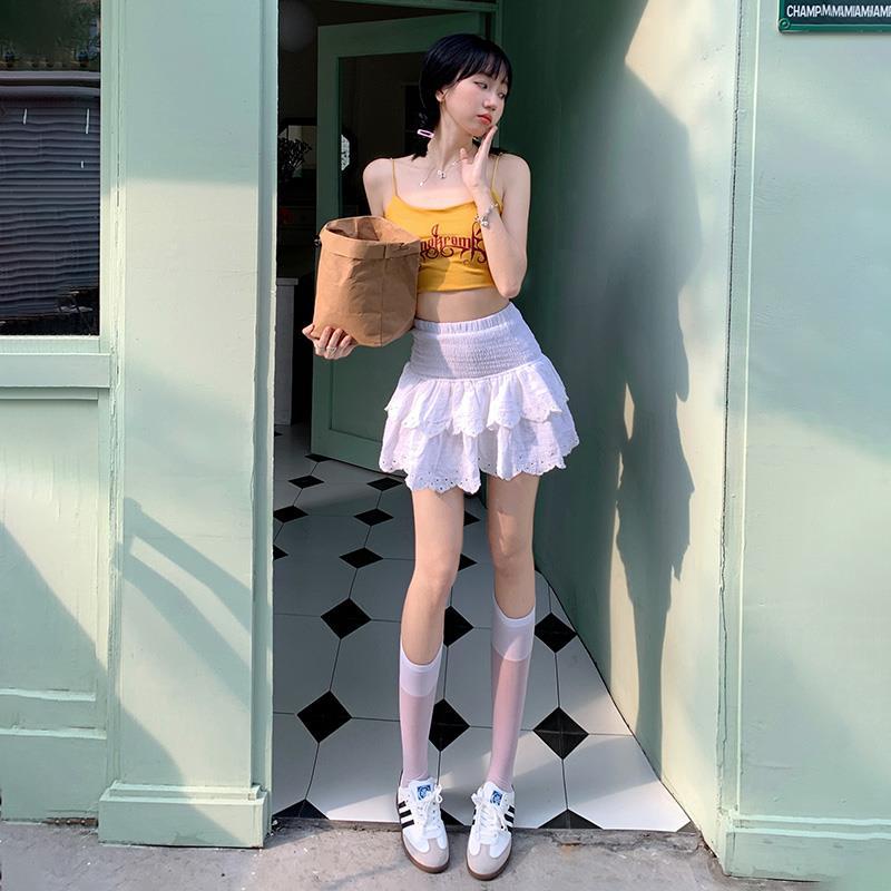 Cake Skirt Lace Embroidered Lace Sweet Puff Ballet High Waist White Short Skirt for Women Summer Thin A-line Skirt
