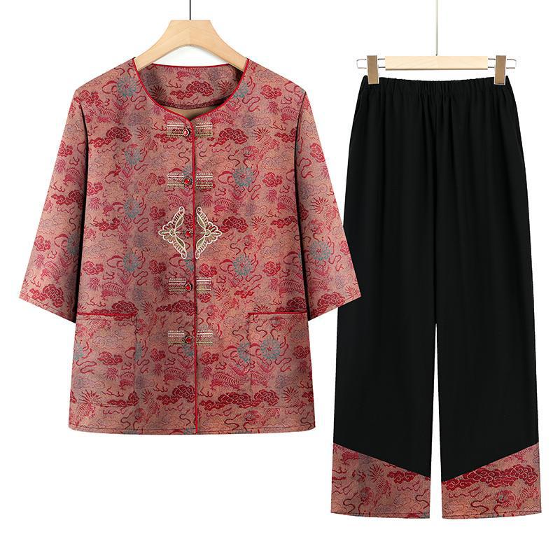 

Elderly Women s Summer Two-Piece Short Sleeve Shirt Set XL (within 100 lbs)