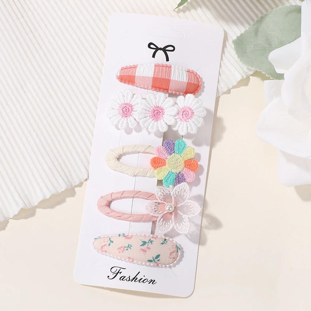 RAINBOW BOWS 5Pcs/Set Girls Boutique Headwear Hair Clip Embroidered Printing Barrette Fresh Daisy Hairpin Kids Hair Accessories