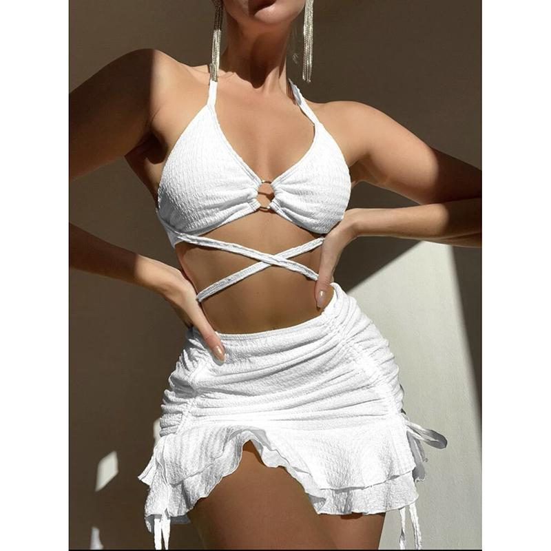

Сексуальное однотонное бикини Женский однотонный купальник из 3 предметов с халтером, кольцом, перекрестной завязкой, юбкой с оборками S белый