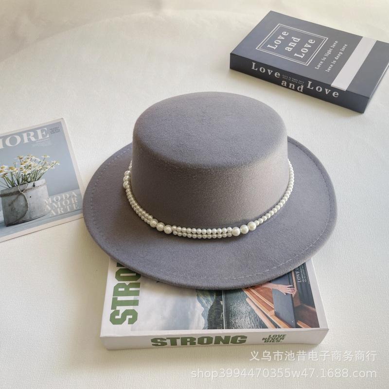 Pearl Chain Flat Top Top Hat Women's Autumn and Winter Warm Woolen Felt Hat Celebrity Retro British Small Fragrant Shopping Fashion Hat