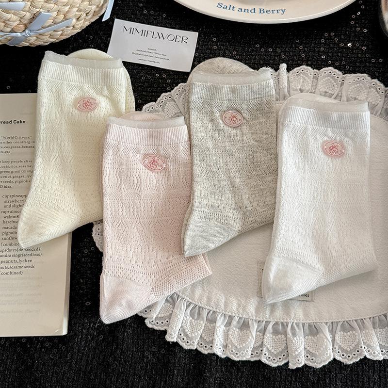 Cherry Buttoned Socks - Children's Summer Lightweight Mesh Perforated Tube Socks with Sweet Lace Trim and Solid Color Pile-up Socks