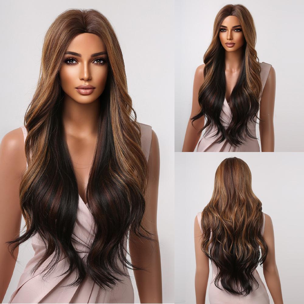 Ombre Brown Long Wavy Synthetic Hair Wig for Black Women Afro Middle Part Heat Resistant Fiber Cosplay Daily Use Hair Wigs