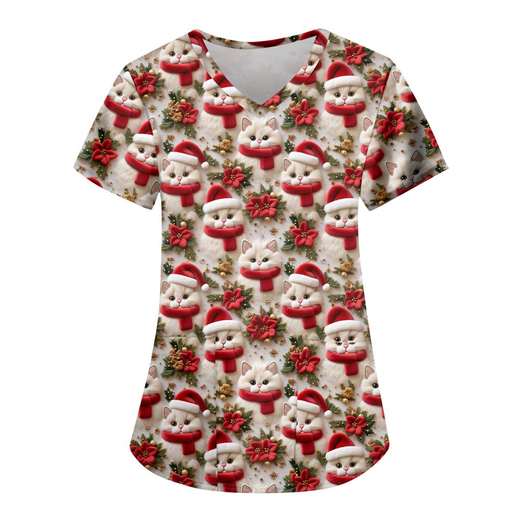 Damska Modna Codzienna Koszulka z Kieszenią i Świątecznym Nadrukiem