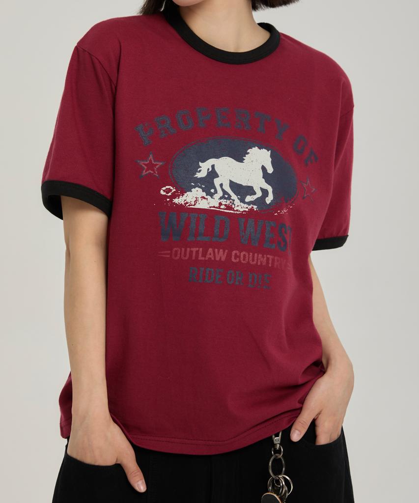 Awosijeu Wild West Ringer T-Shirt - Burgundy