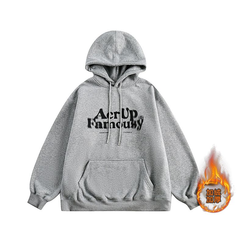 

Men s Autumn and Winter Heavyweight Fuzzy Letter Print Hooded Fleece Sweatshirt, Men s American-Style Loose High-Street Pullover Top Floral Gray Plus Velvet 2XL