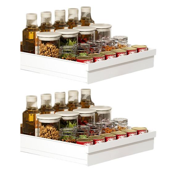 Pull-Out Kitchen Storage Rack with Heightened Guardrail Design Smooth Slide Rail Cabinet Organizer Nail-Free Installation Plastic Storage Bins