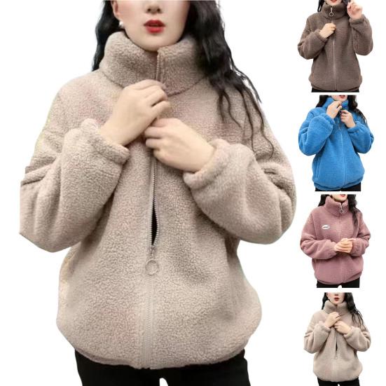 Spring Winter Women Jacket Stand Collar Fleece Zipper Closure Jacket Long Sleeve Solid Color Cardigan Keep Warm Sport Outerwear with Pockets