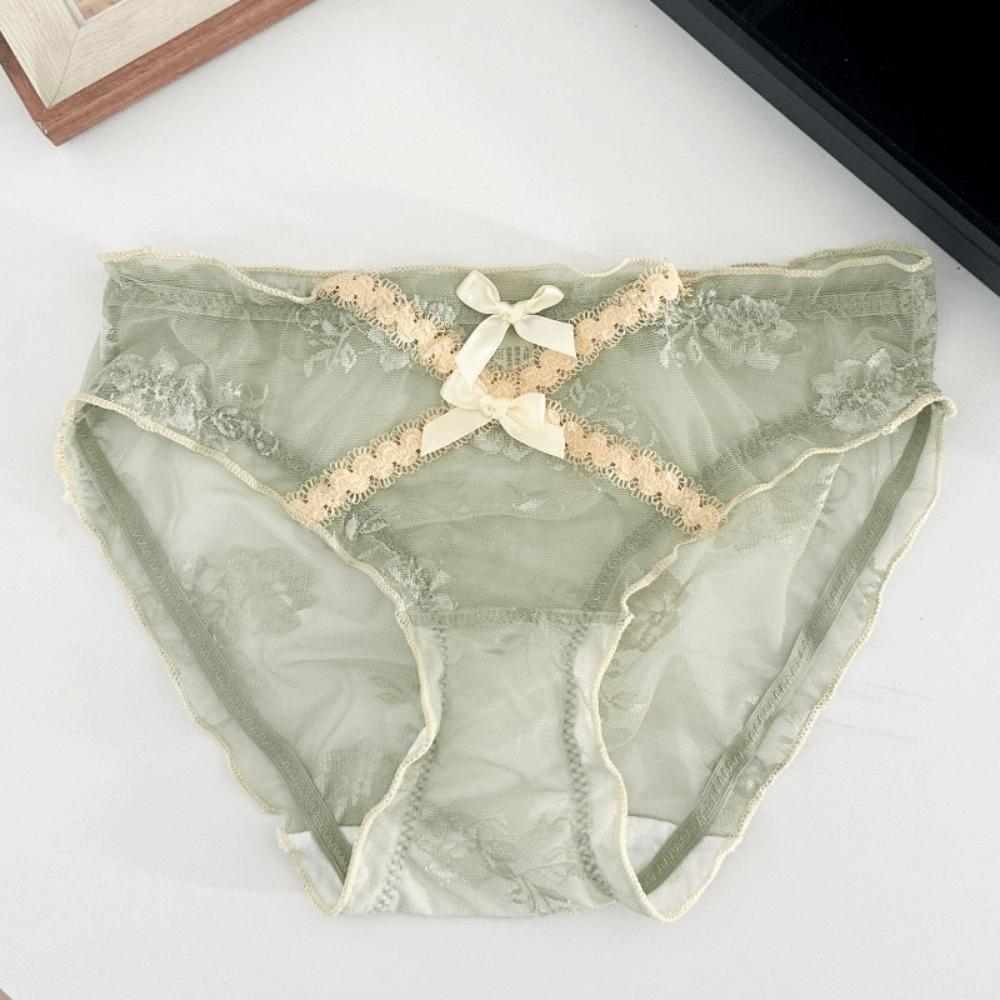 Sweet Low Waist Lace Panties Transparent Cotton Crotch Mesh Flower Briefs Bow Lingerie Underwear for Women Girl