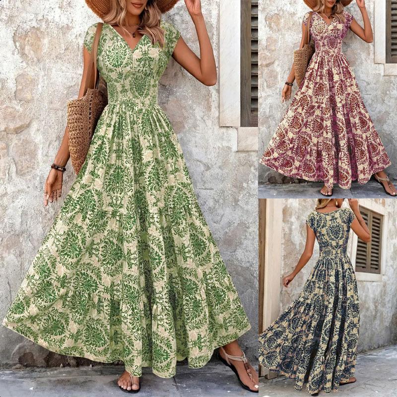 Women's short-sleeved V-neck retro printed dress Fashion elegant long dress