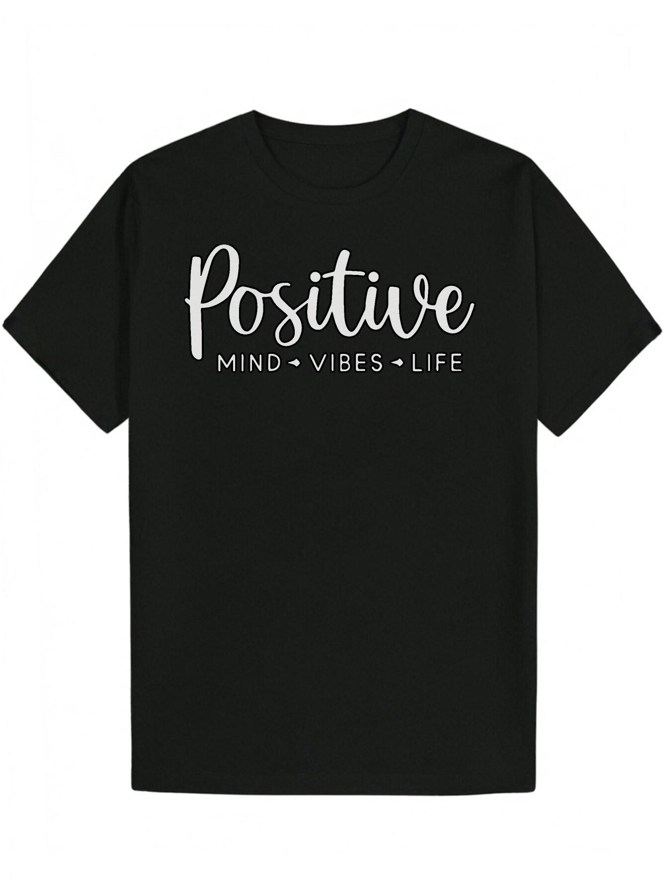 Crew Neck Polyester T-shirt with Inspirational Positive Mind Vibes Life Design - Black L