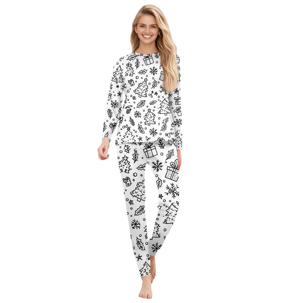 DIY Hand Painted Colorable-Parent-child Outfit - Christmas Print Round Neck Parent-child Long Sleeve Long Pants Home Clothes Suit Spring
