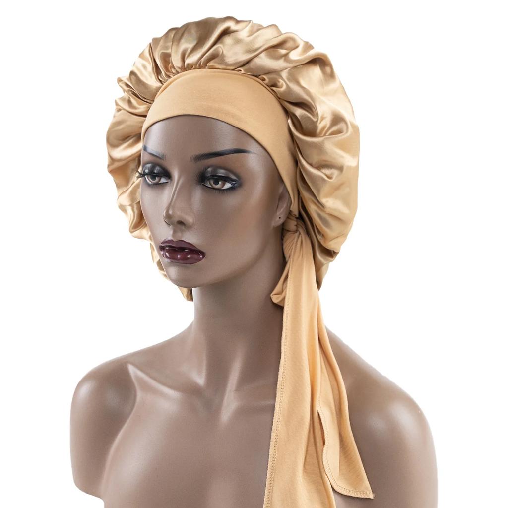 Women Satin Widened Sleep Hat Night Sleep Cap with Long Streamer Hair Care Bonnet Nightcap Shower Turban