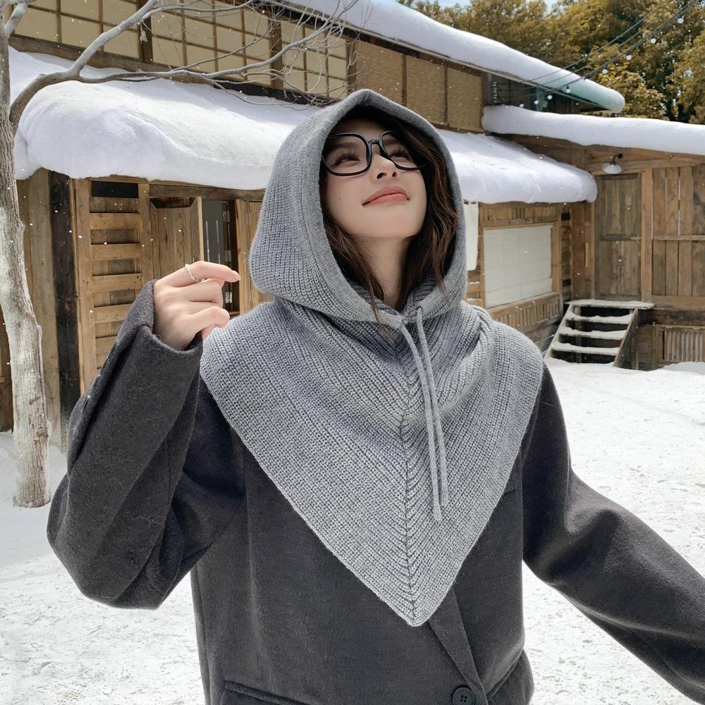Winter Knitted Hooded Scarf Integrated Neck Warmer, Drawstring Triangle Hat Scarf, Windproof Warm Headscarf for Women Outdoor Ski Snow Daily Wear
