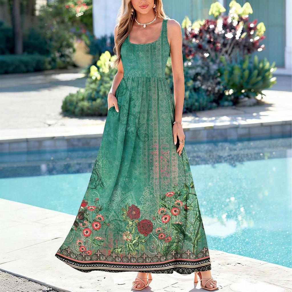 Ladies' floral print summer casual and fashionable sleeveless long dress