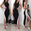 Sommer Frauen ärmelloses Rundhalsausschnitt Seite gestreift hoch geteiltes, figurbetontes langes Kleid