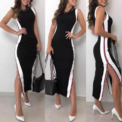 Sommer Frauen ärmelloses Rundhalsausschnitt Seite gestreift hoch geteiltes, figurbetontes langes Kleid